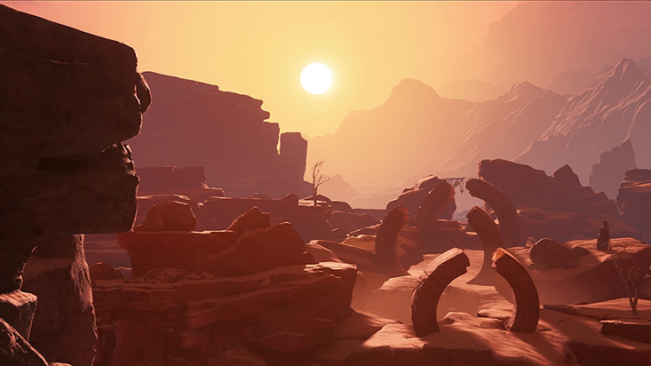 A view of the sun setting over the Mauritanian desert, as shown in the Unknown 9: Awakening video game.