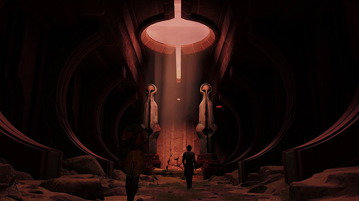 Unknown 9: Awakening's Haroona and Reika walk towards two tall statues of hooded figures located inside a desert cave. 