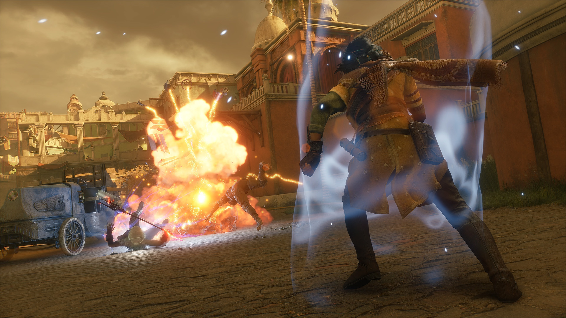 Haroona, enveloped in Umbric energy, watches as her enemies go down in flames in a video game fight scene.