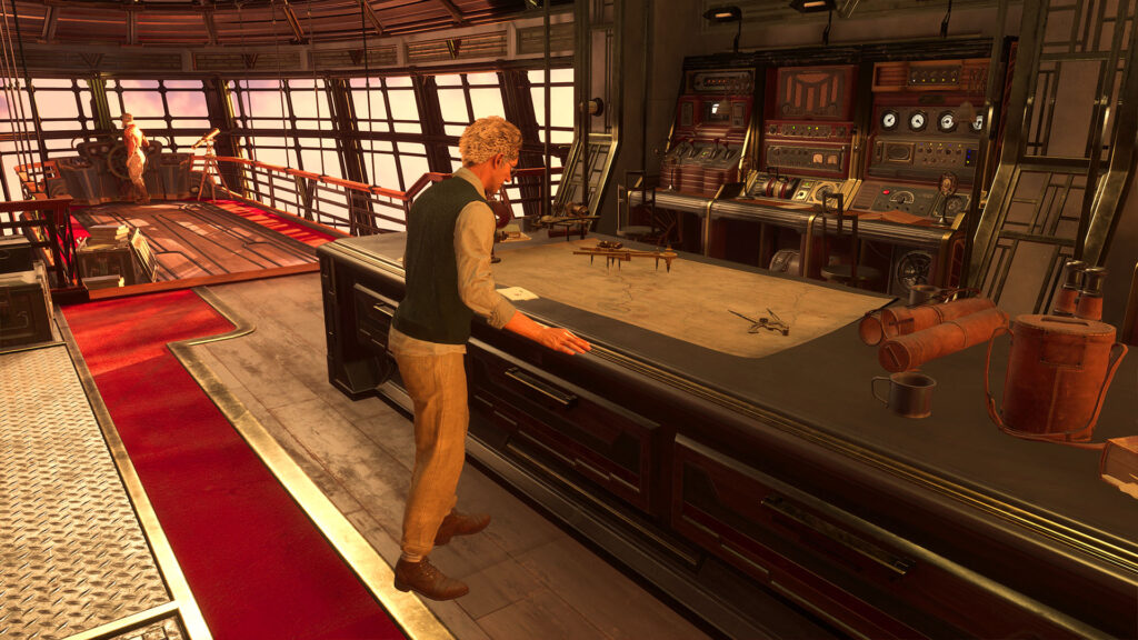 A view of the Morning Star's cockpit, where its pilot helms the airship, while its navigator examines a map. 