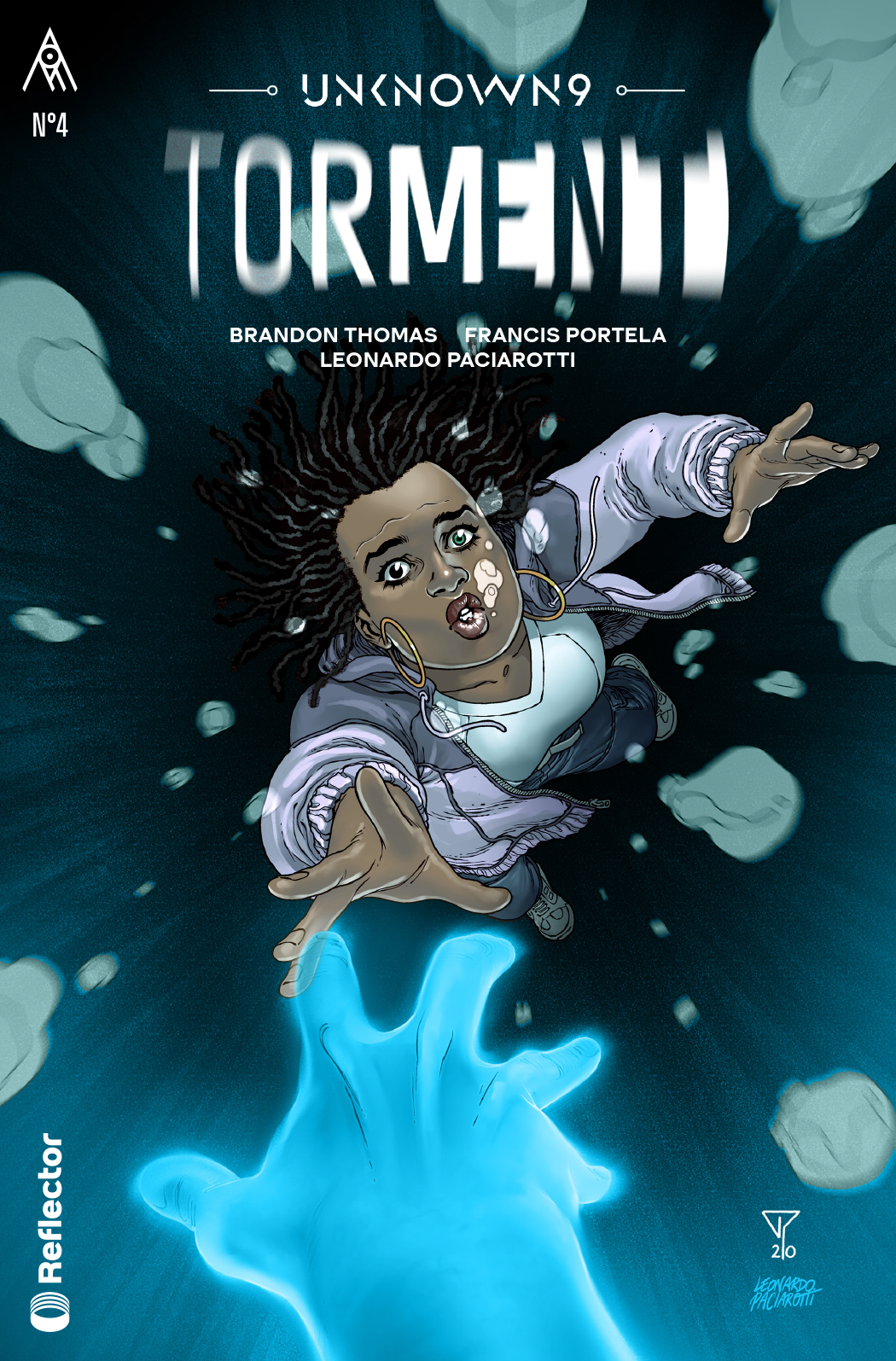 Unknown 9: Torment Issue #4 cover featuring Neeka Bethancourt, slipping away from Jaden somewhere in the Fold.