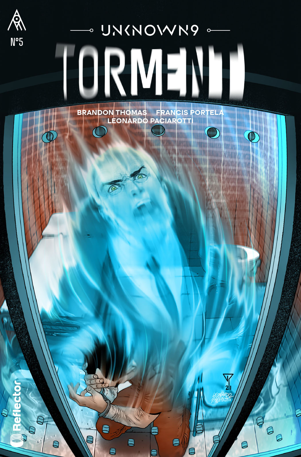 Vincent Lichter Steps out of Jaden's body in a flash of blue on the cover of Unknown 9: Torment Issue #5.