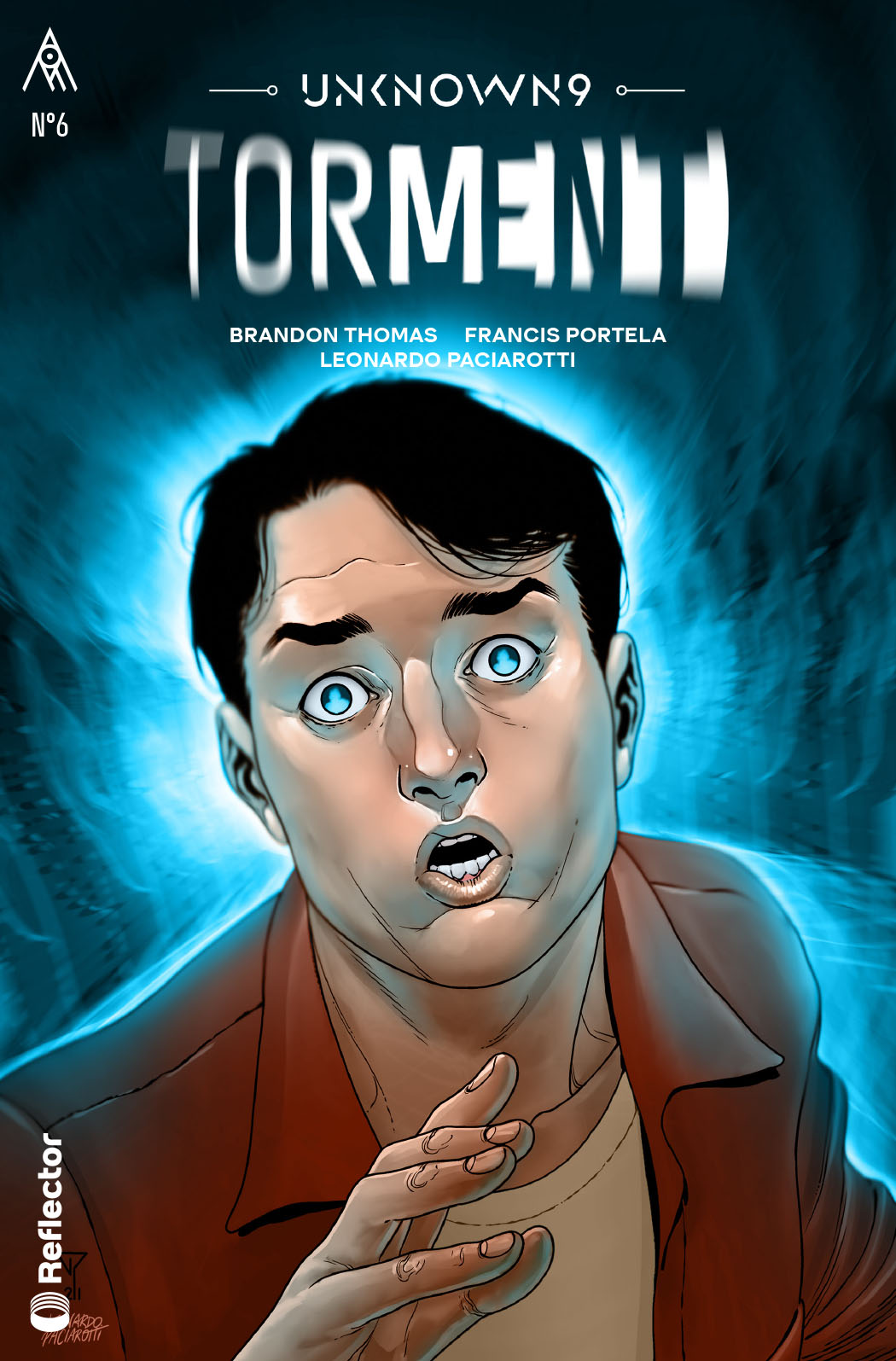 Unknown 9: Torment's Jaden Crowe looking wide-eyed into the distance on the cover of Issue #6 of the comic book.