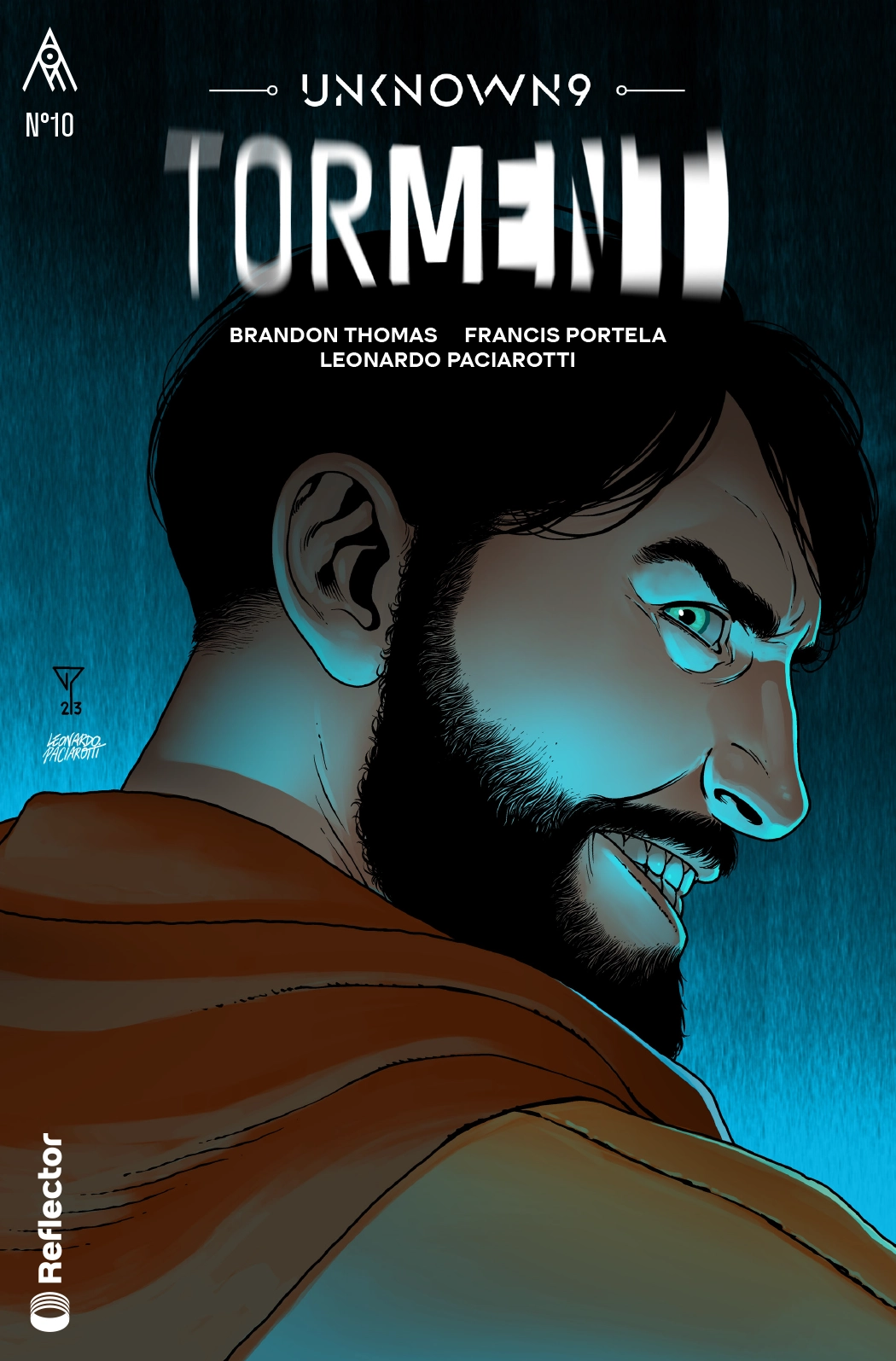 A bearded Jaden Crowe from the Torment comic book series looks back with an evil grin on his face.